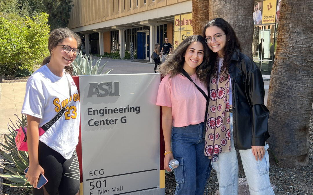 Female students pose with ASU engineering sign
